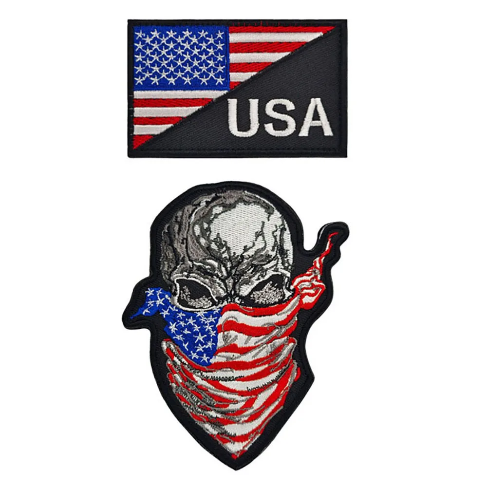 

Skull American Flag Embroidered Patches Military Tactics Morale Badges Armbands Hook Loop Patches on Clothes Stickers Applique