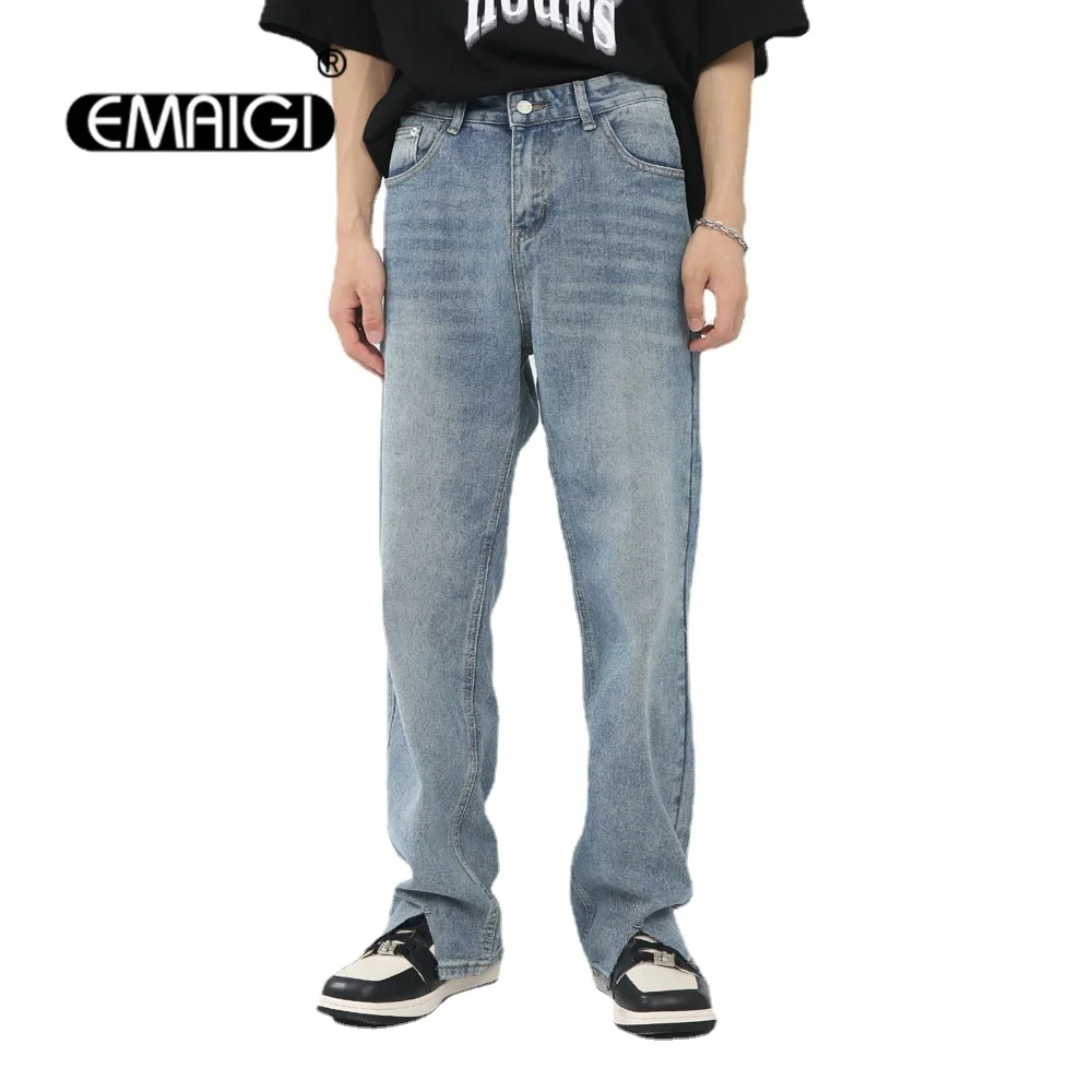 

Jeans Men Hem Broken Split Vintage Fashion Streetwear Casual Straight Denim Jeans Pant Male Japan Korean Denim Trousers