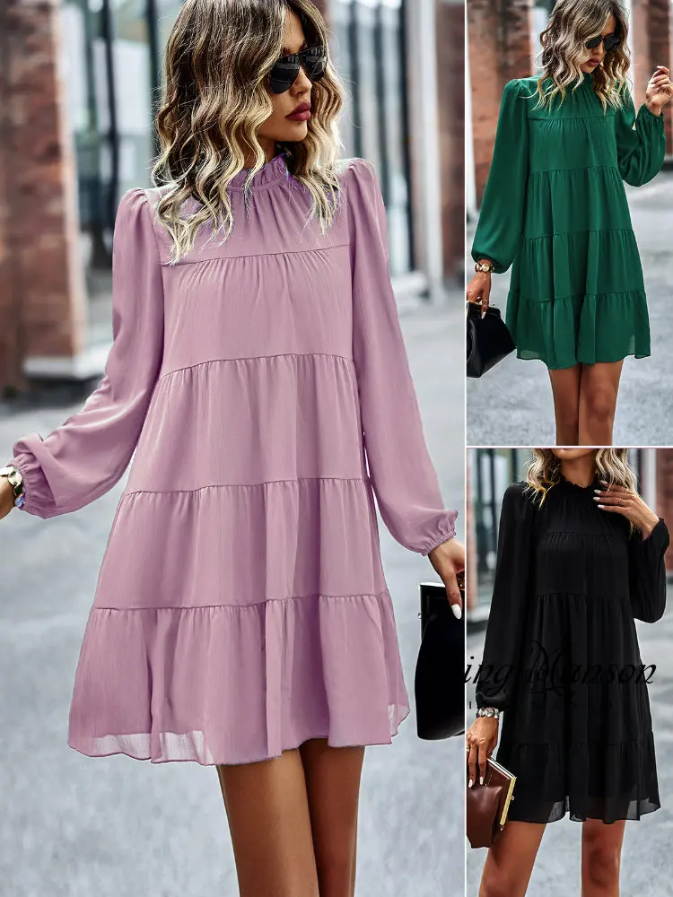 Купи 2022 Spring and Autumn Casual Solid Color Lantern Sleeve Loose A-line Dress Printed Dress Women's Half High Neck Ruffle Dress за 1,292 рублей в магазине AliExpress