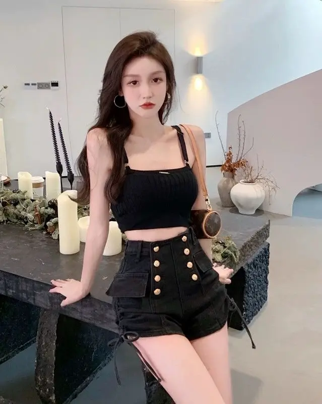 Women Double-breasted Drawstring Design Denim Sexy High Waist Shorts Jeans Korean Slim Shorts Feminino Summer 2023 New