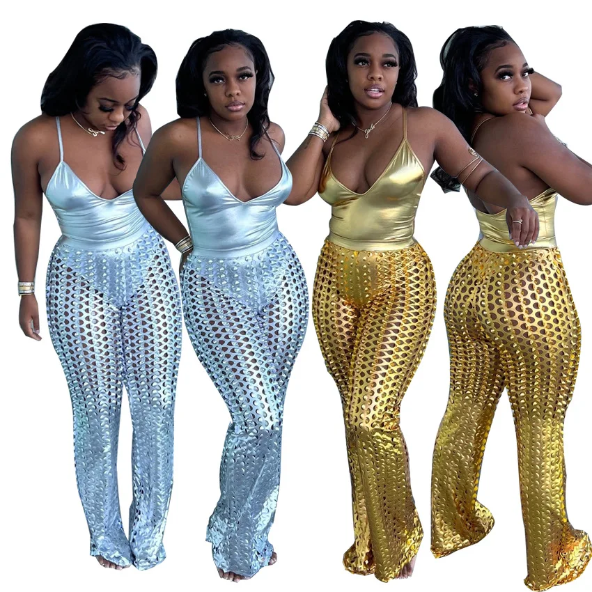 

Hottest Sparkle Women Two Pieces Set Summer Sexy Nightclub Outfits Spaghetti Bodysuit Fashion Hollow Out High Waist Pants