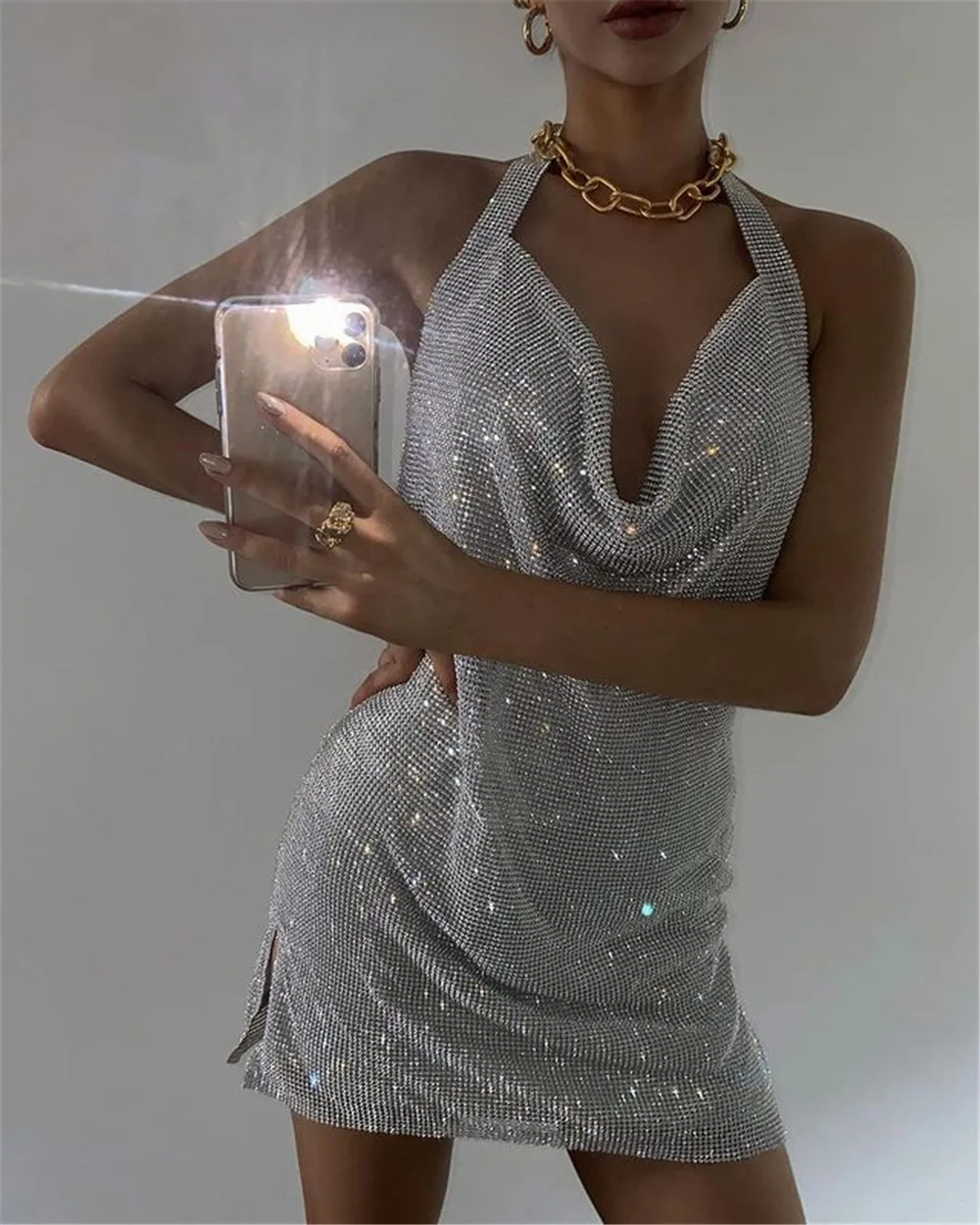 

Cutistation Rhinestone Deep V-neck Backless Mini Dress Women Summer Sexy Halter Glitter Sequin Sparkling Party Clubwear