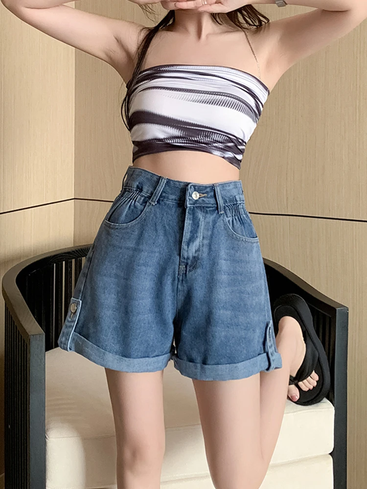New Spring Summer Women Elastic Waist Loose Denim Shorts Streetwear Female Wide Leg Button Jeans Shorts Bottoms