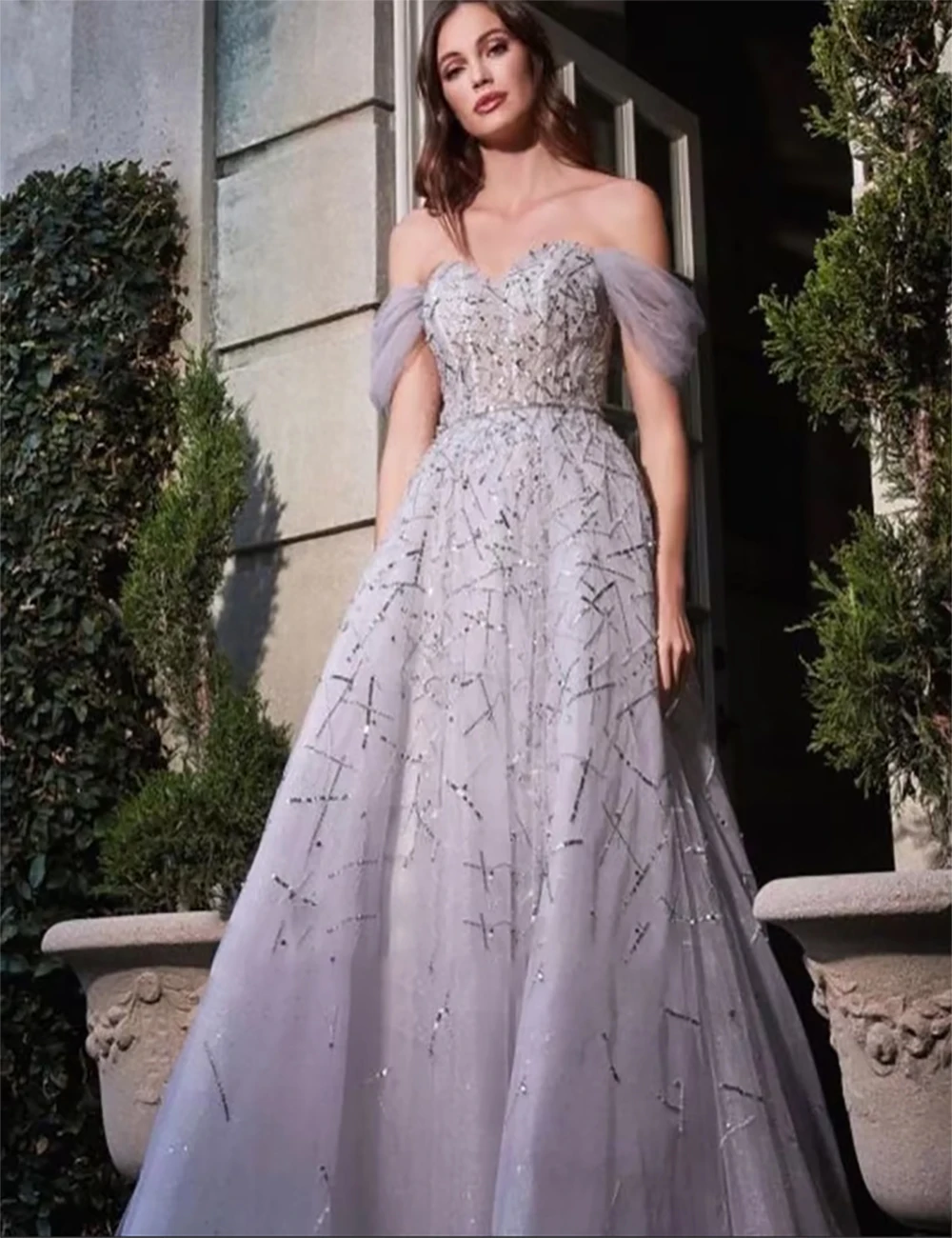 Изысканное платье для выпускного вечера Блестящее бальное с открытыми плечами