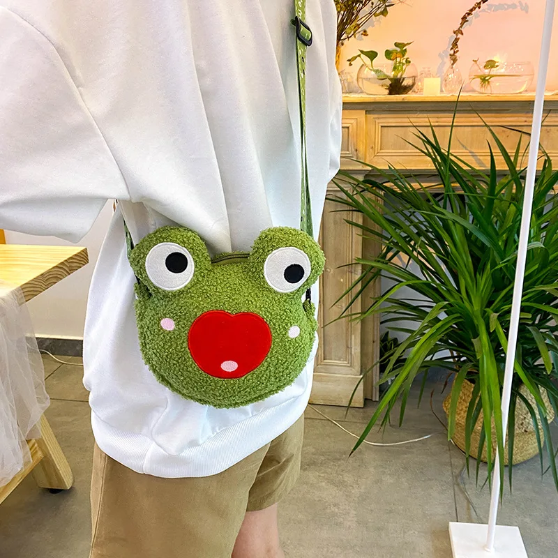 Women Cartoon Frog Shoulder Bag Ladies Fashion Casual Cute Plush Crossbody Bags Zipper Long Strap Shoulder Bag For Women