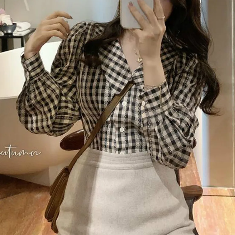 Рубашка женская с длинным рукавом-фонариком милый клетчатый Элегантный