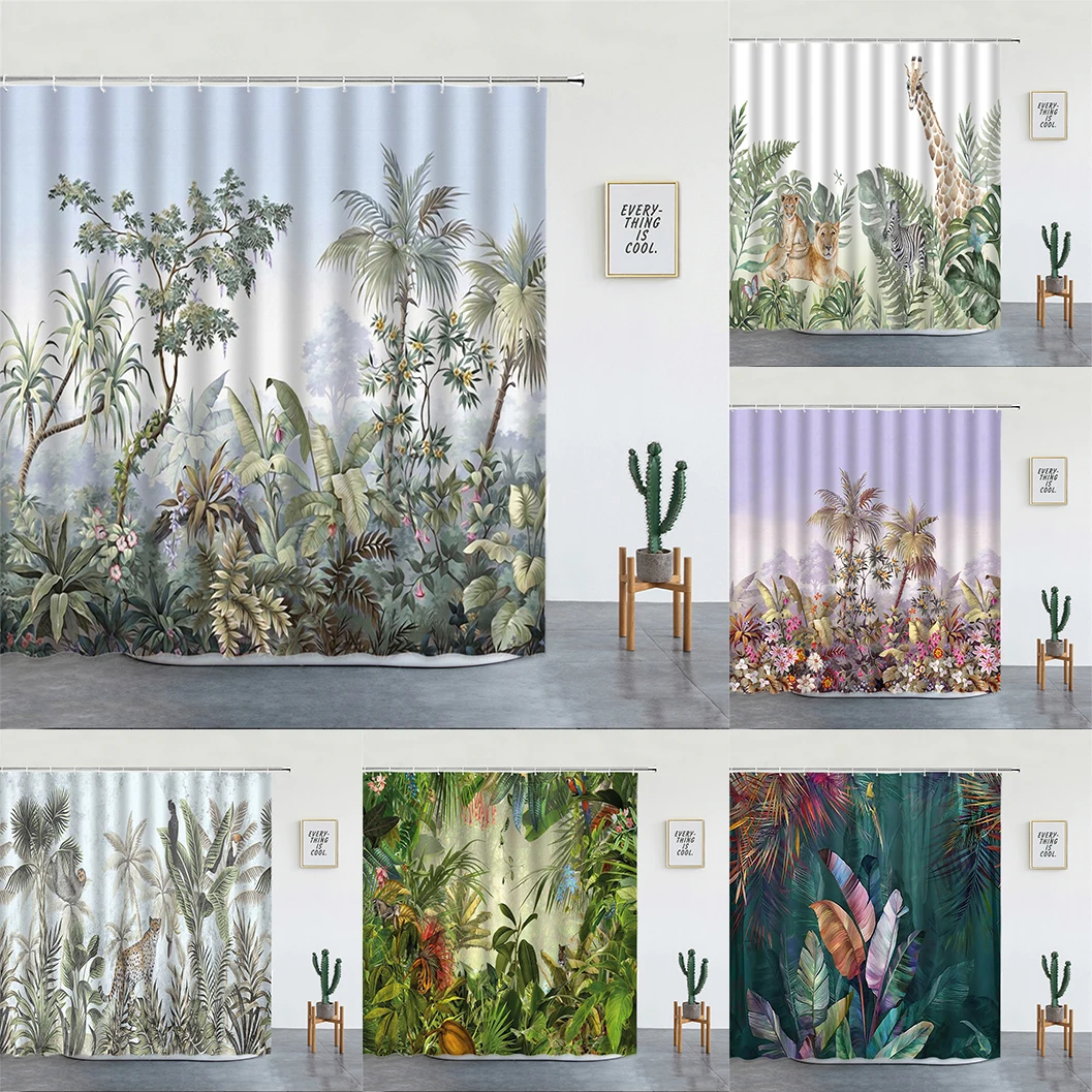 

Tropical Jungle Animals Green Plants Shower Curtain Palm Trees Banana Leaf Monkey Leopard Giraffe Print Curtains Bathroom Decor