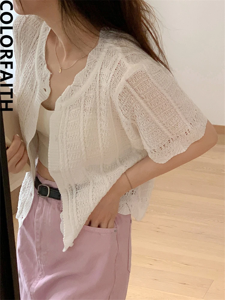

Colorfaith SWC5283DG New 2023 Cutout Korean Fashion Knitting Cardigans Women Sweet Spring Summer Elegant Chic Lady Short Tops