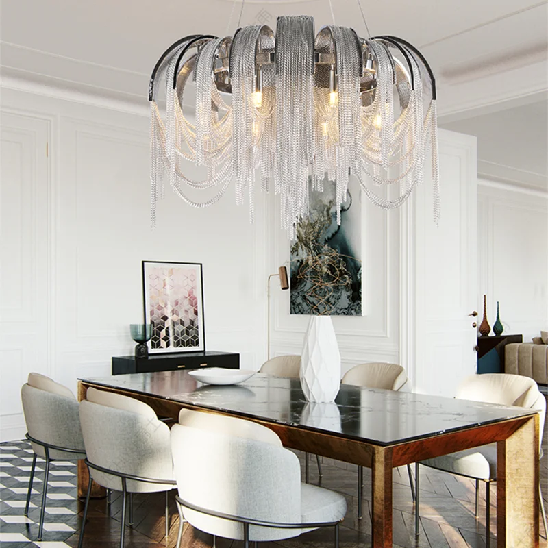 

Подвесной светильник, креативные алюминиевые роскошные люстры в стиле постмодерн с кисточками, хромированные серебряные декоративные светодиодные светильники для гостиной, столовой, лампа