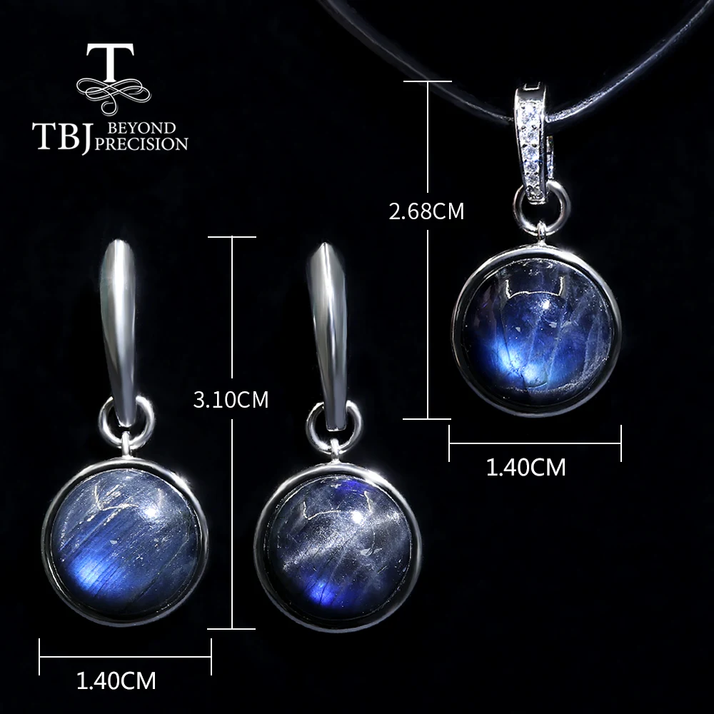 Простые круглые серьги из натурального синего лабрадорита с подвеской комплект