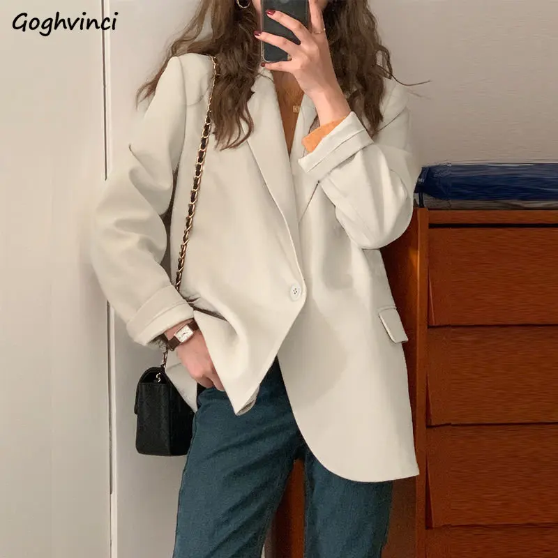 

Single Button Blazers Women Office Lady Solid Temper Loose All-match Ulzzang Spring Outwear Chic Simple England Style Elegant