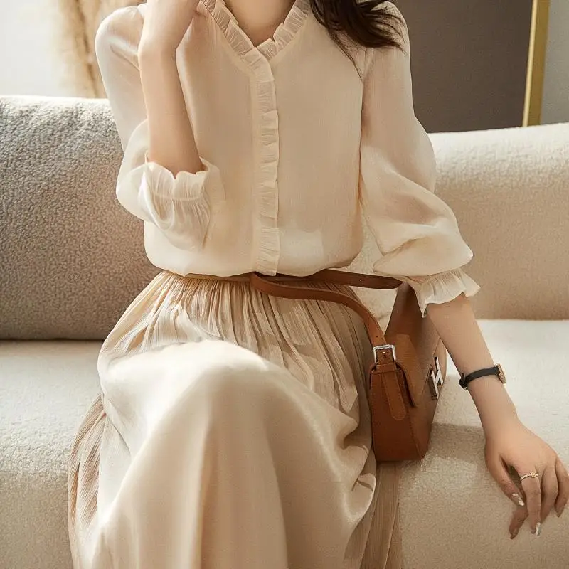 Женская рубашка с длинным рукавом Meifan удобная яркой текстурой и украшением в