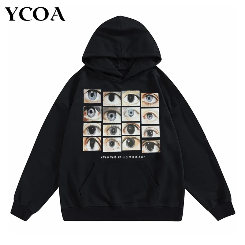 

Men Hooded Sweatshirt Oversized Eyes Printed Tops Hip Hop Y2k Streetwear Winter Harajuku Pullover Goth Punk Long Sleeve Clothing