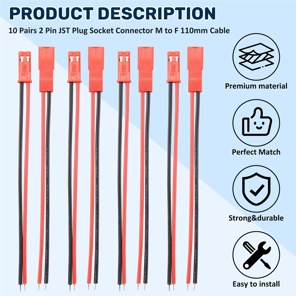 10 пар 2 штырьковых разъема JST разъем M to F 110 мм провод для кабеля красный черный