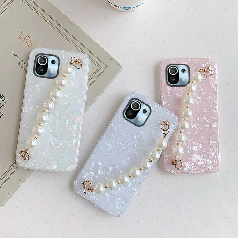 Cute Pearl Bracelet Wrist Chain Case For Redmi Note 11 10S 9S 8A 11T Lite Pro Conch Pattern For Xiaomi PocoX3 Pro 11 Lite Cover