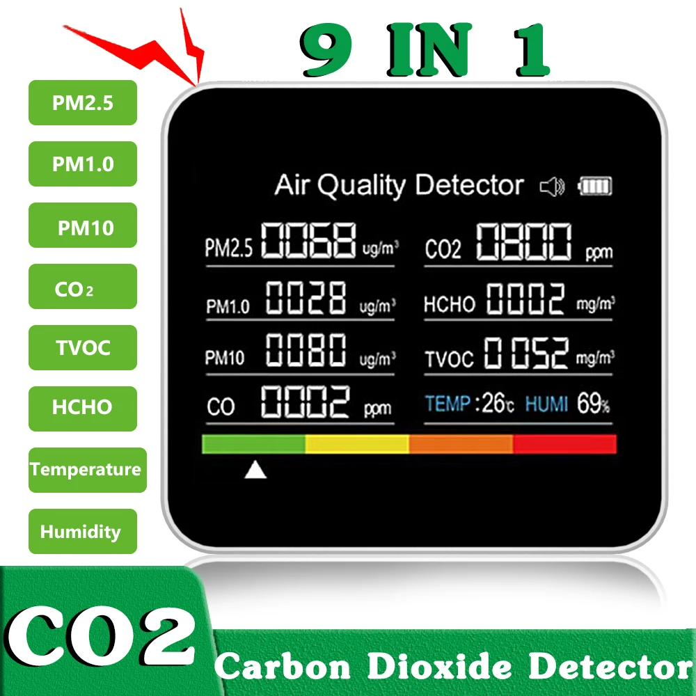 9 in1 Air Quality Monitor Meter Carbon Dioxide Detector TVOC HCHO PM2.5 PM1.0 PM10 Temperature Humidity Detection APP Control