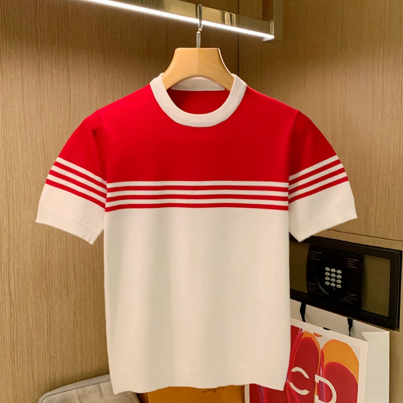 

2023 Personalized Striped T Shirt New Europe And American Fashion Color Contrast Summer short sleeve Men O-neck T-shirt