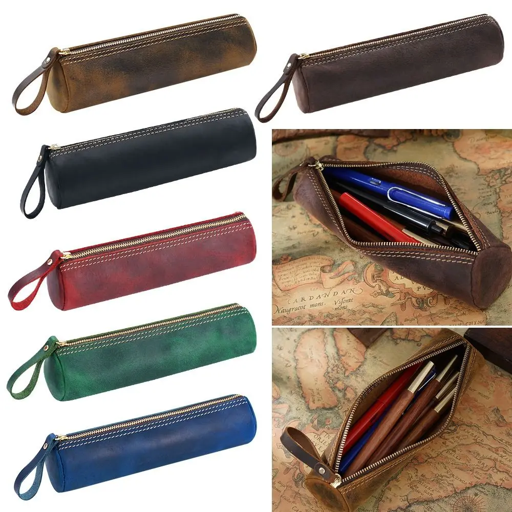 

High Quality Genuine Leather Vintage Zero Purse Pencil Case Stationery Bag Zipper Pen Pouch Storage Bag