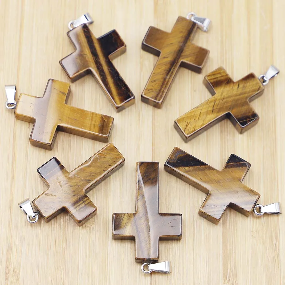 Natural Tiger's Eye Stone Crystal Cross Shape Pendants Necklaces Healing Chakra Fashion Reiki Charms Jewelry Making Earring 8Pcs