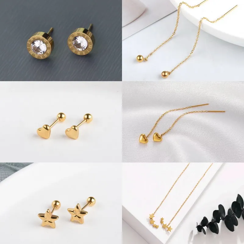 

Long Tassel Heart Drop Earrings For Women Stainless Steel Mini Gold Roman Round/Start/Ball Stud Earrings Female Earline Jewelry