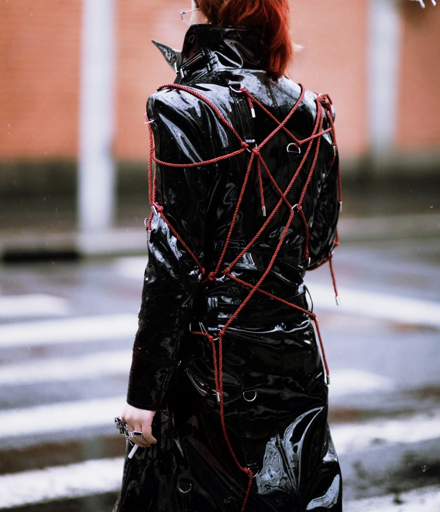 Sunken SINKing | SK Series TRA Strap Jipunk Style Black Red Cord Shiny Patent Leather Long Coat