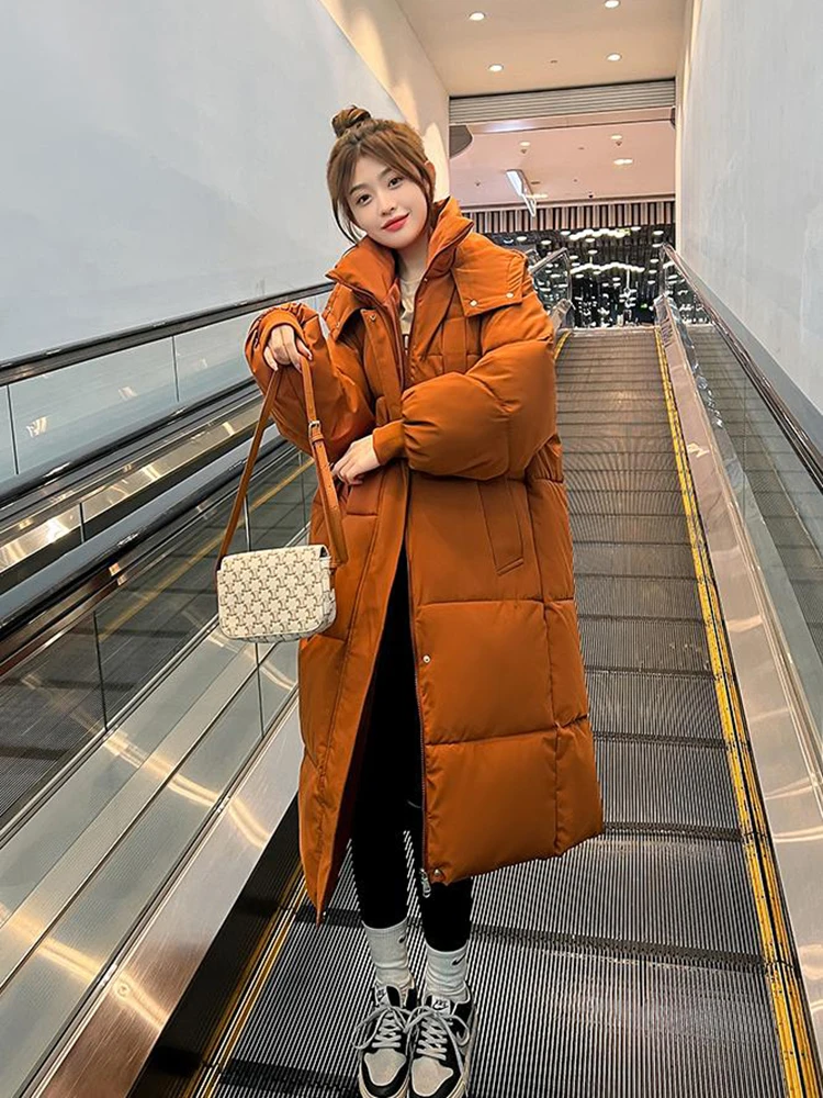 2023 Korean Jacket Women Winter X-long Parkas Solid Hooded Thicken Warm Female Snow Wear Coat Padded Loose Clothes