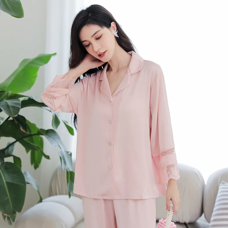 2023 Autumn Pajamas Women's Ice Silk Silk Nine-Quarter Sleeve Two-Piece Set Thin Homewear Suit
