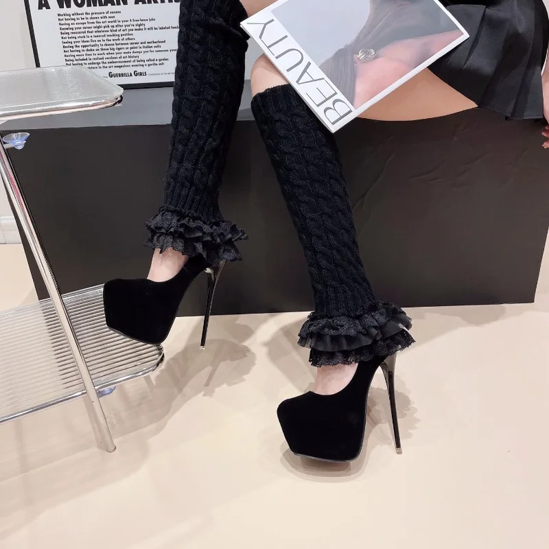 

New Fashion Sexy Platform Super High Heels Knee High Modern Boots Women Flock Striptease Steel Pipe Boots Party Wedding