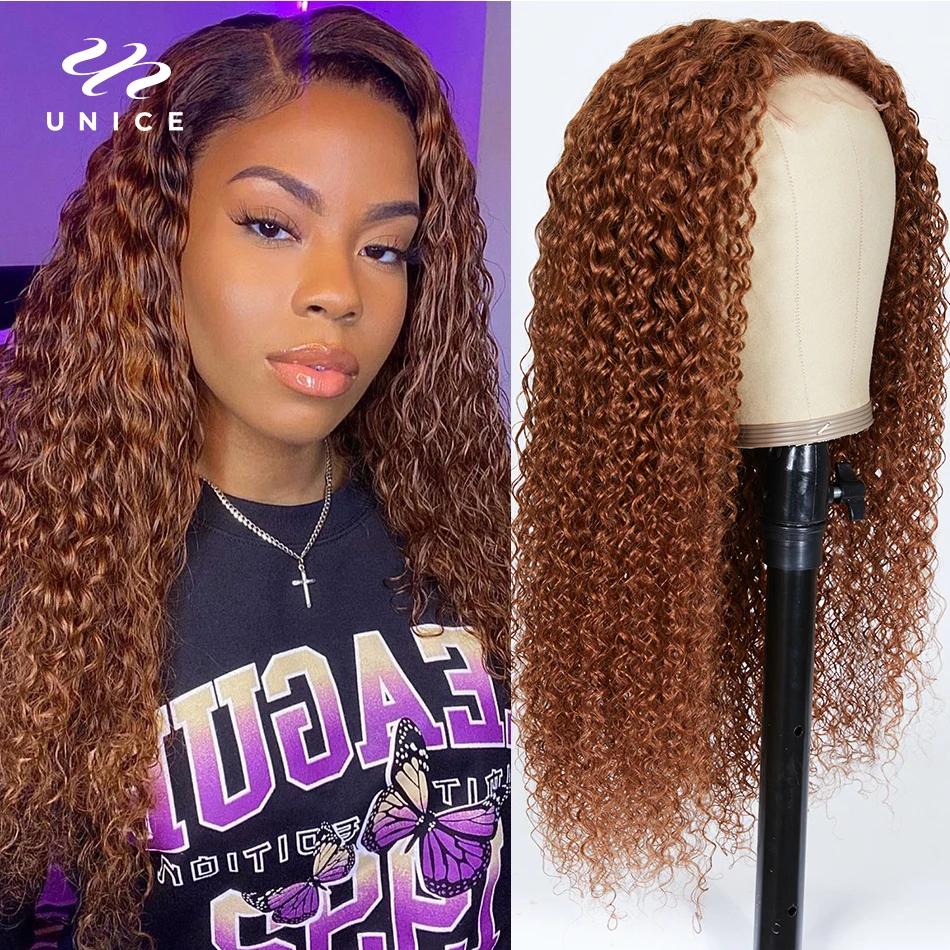 

UNice Hair Fall Color Curly Human Hair Wig Auburn Brown Brazilian Hair Wigs 4x0.75 T Part Lace Wigs for Women Human Hair