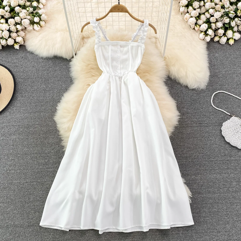 

Summer French New Sleeveless Strap Long Dress Women Close Waist Show Thin Backless A-line White Pleated Big Swing Dresses Girls