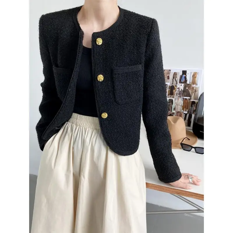 Women's Autumn New 30% Wool Coat Trendy Black Cropped Tweed Lady Top Korean High Quality Jacket Clothing
