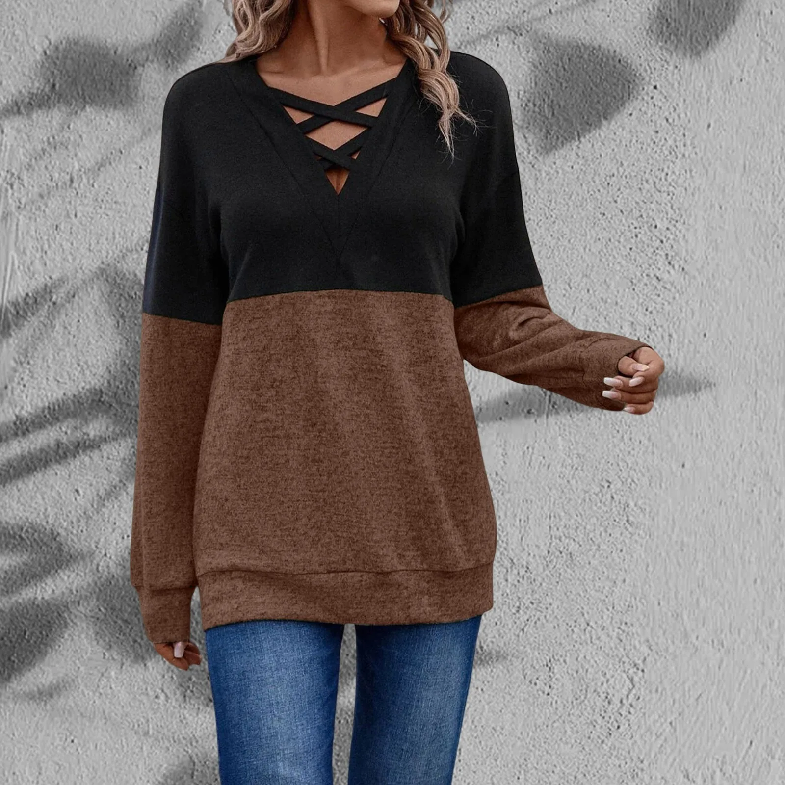 

Women'S Color Block V Neck T Shirts Cross Strap Loose Pullover Long Sleeve Casual T-Shirts Retro Street Top Female Blusas Autumn