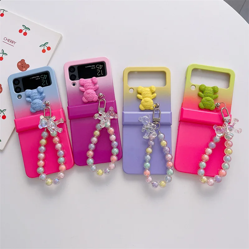 

Gradual Stereo Bear Bead Chain Phone Case for Samsung Galaxy Z Flip 3 Z Flip 4 Hard PC Back Cover for ZFlip3 ZFlip4 Case Shell