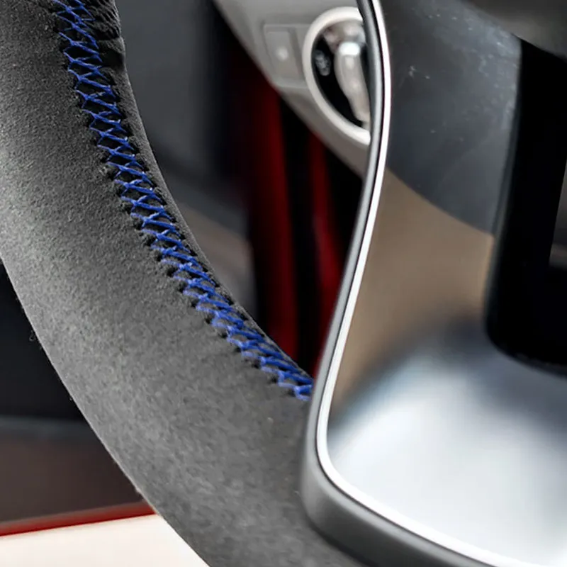 Черно-синяя линия с синей полосой Автомобильный руль замшевый кожаный чехол