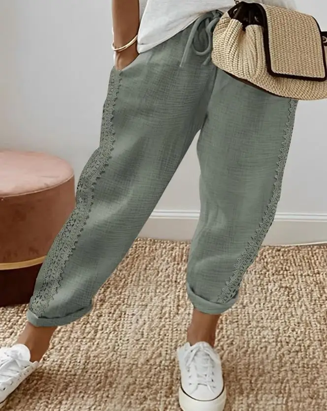 Lace Patch Drawstring Pants for Woman Casual Pocket Contrast Lace Design Solid Color Fashion Versatile Pants 2023 Streetwear