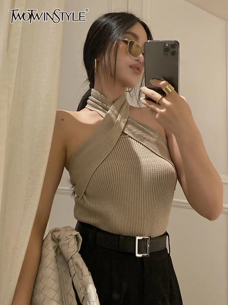 

Женский вязаный свитер TWOTWIN, однотонный облегающий пуловер без рукавов с асимметричным воротником в минималистичном стиле