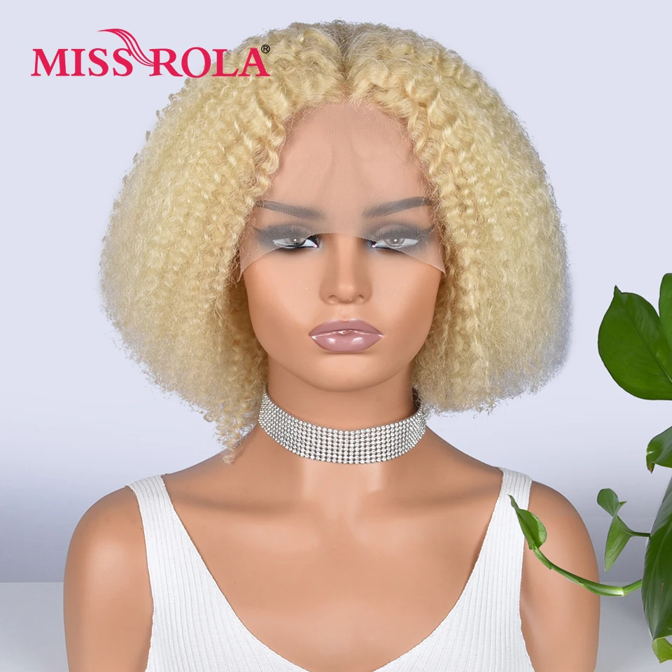 Miss Rola 613# Kinky Curly / Ocean Wave Bob Wigs Lace Part Human Hair Wigs Remy T Part Hair Wigs Pre Plucked 200% Density