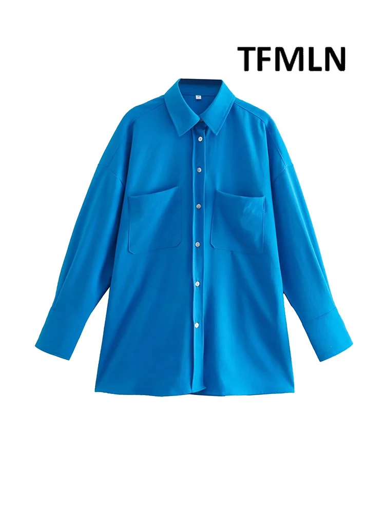 

TFMLN 2022 Summer Women Solid Shirts Blue Plain Loose Oversized Blouses Female Tops Single Breasted BF Korean Style Tops