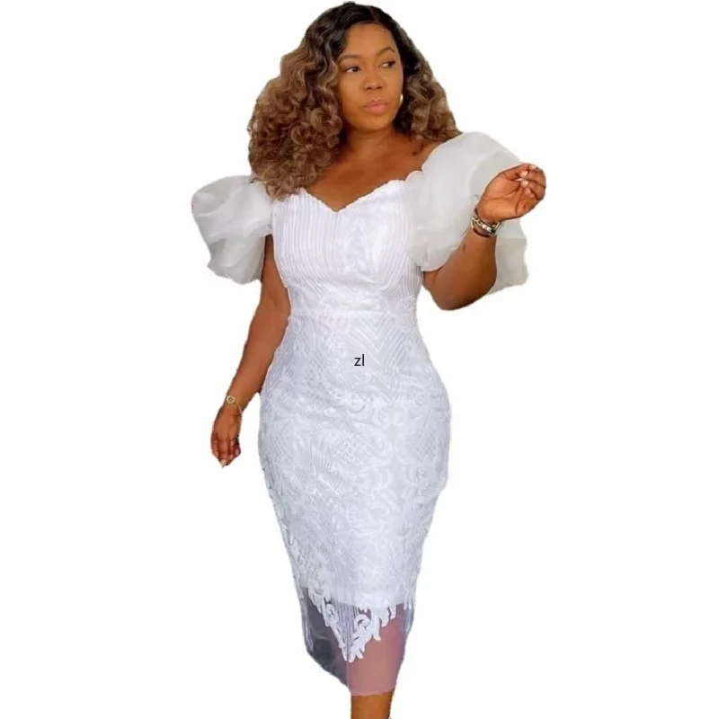 

2022 Summer Fashion Style African Women V-neck Short Sleeve White Dress African Dresses for Women African Clothes for Women
