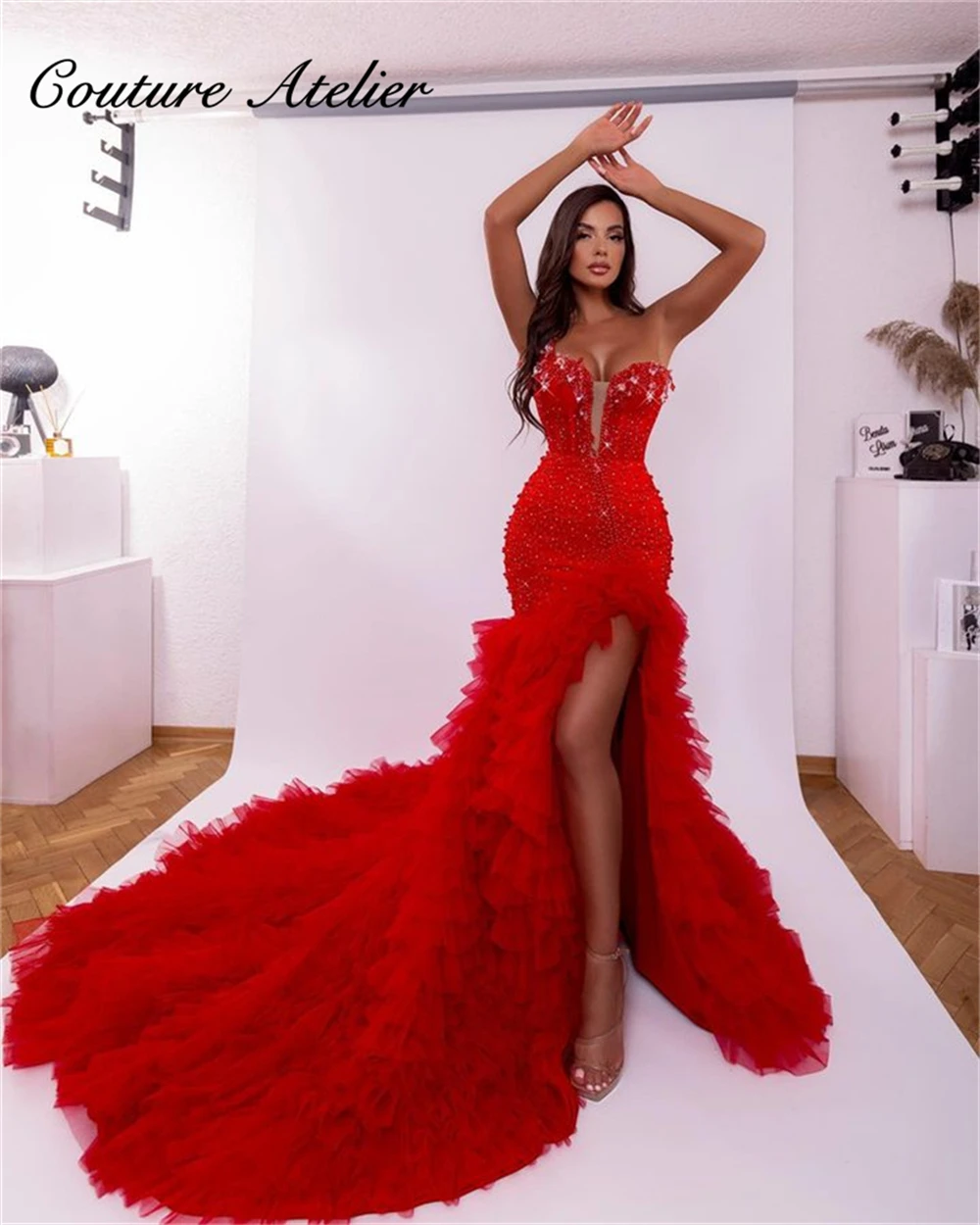 

Dubai High Slit Red Ruched Train Mermiad Prom Dresses Arabic Crystal Sparkly Dress Evening Dresses Long Luxury 2024 Party Gown