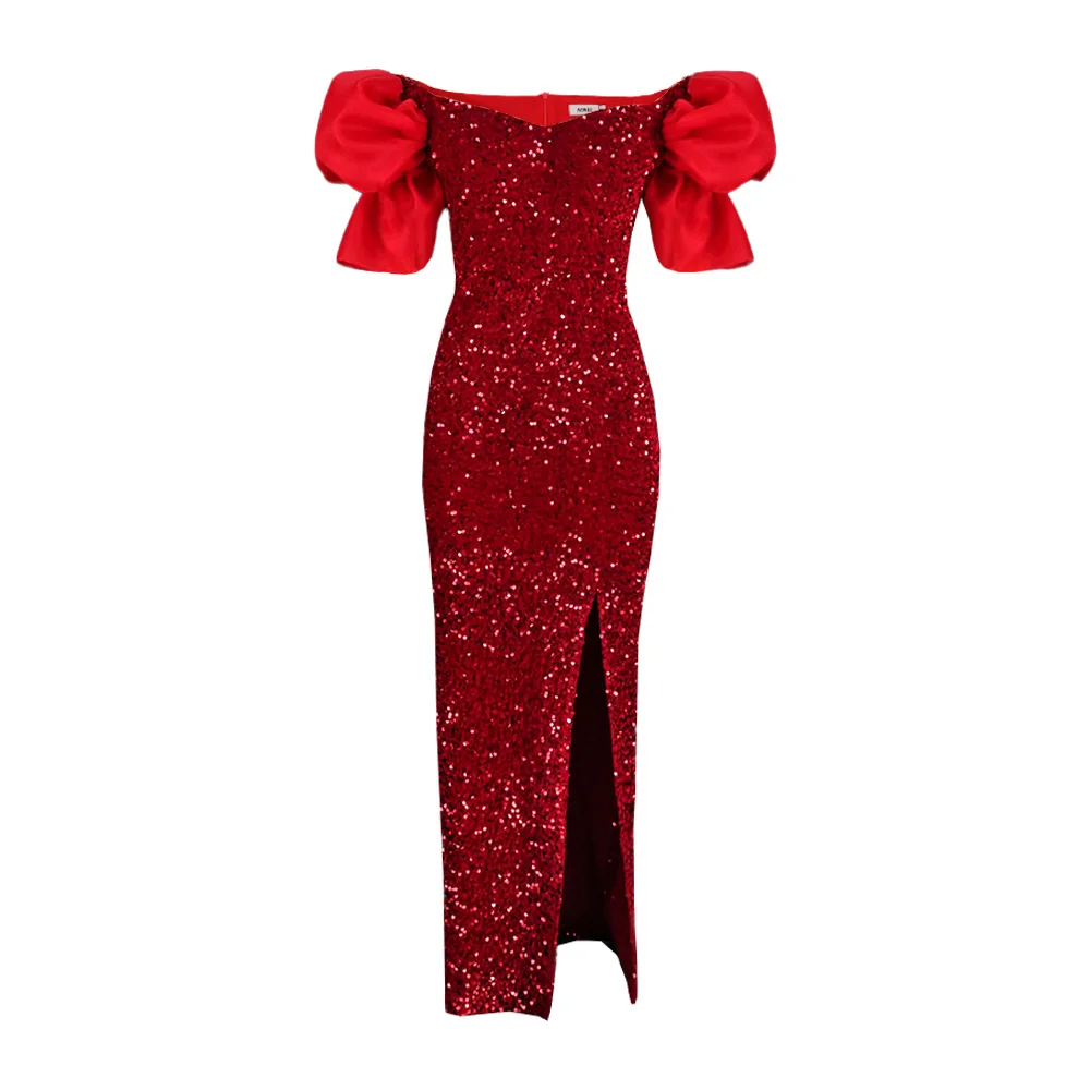 Evening Party Dresses Women Plus Size Large Sexy V-neck Fat Mm Bubble Sleeve Sequins High Waist Split Long Celebrity Dress