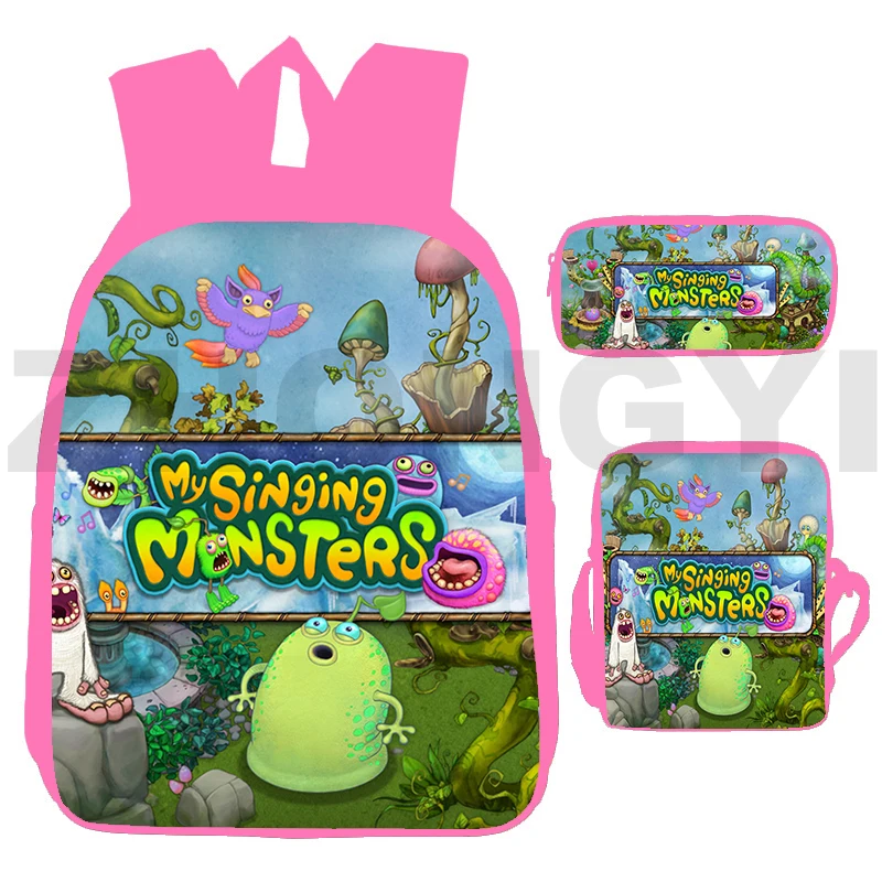 

Fashion 3D My Singing Monsters Backpacks 3 Pcs/Set Kawaii Pink Girls Bookbag 12/16 Inch Laptop Travel Primary Cartoon Schoolbags