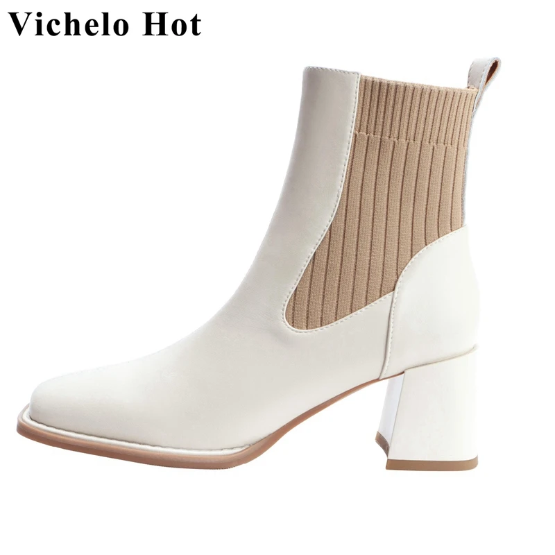 

Ботинки-челси Vichelo на толстом высоком каблуке, ботильоны из спилковой коровьей кожи, без застежки, с квадратным носком, для свидания, смешанные цвета