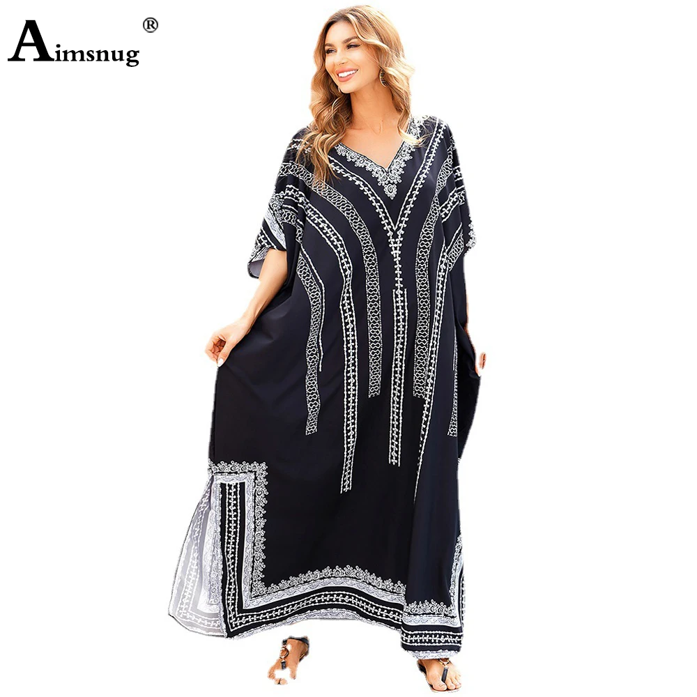 Aimsnug 2022 Summer Muslim Cover up Sexy Women Tunic Long Pareos Islamic Folk Print Cover-ups Maxi Dresses Robe Plage Beachwear