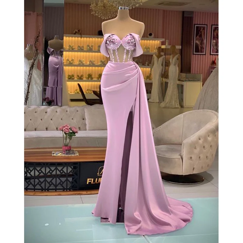 

Формальное вечернее платье Kadisua розового цвета без бретелек с бисером иллюзионное плиссированное платье до пола с разрезом сбоку со шлейфом Vestidos De Gala Mujer