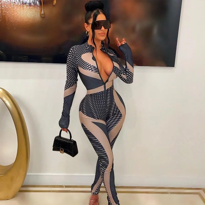 

Zoctuo Sexy Y2K Clothes Tie Dye Print Tie Dye Print Long Sleeve Bodycon Skinny Zipper Jumpsuit Women Sporty Streetwear Romper