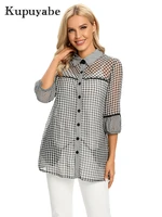 kupuyabe womens shirt polyester chiffon shirt plaid lapel 34 sleeve casual button top