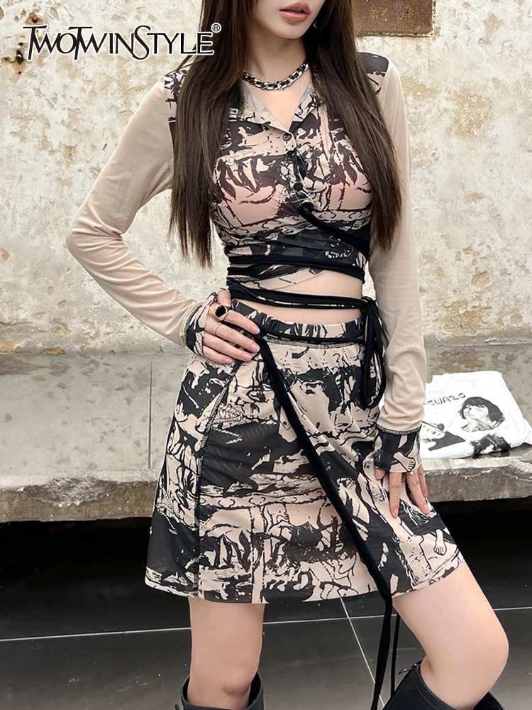 

TWOTWINSTYLE Print Sexy Two Piece Set For Women Lapel Long Sleeve Shirt High Waist Slimming Skirt Hit Color Sets Female Fashion