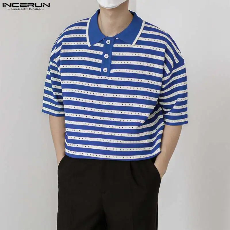 

Korean Style New Mens Striped Knitted Shirts Casual Fashionable Male Hot Sale Short Sleeved Lapel Blouse S-5XL INCERUN Tops 2023