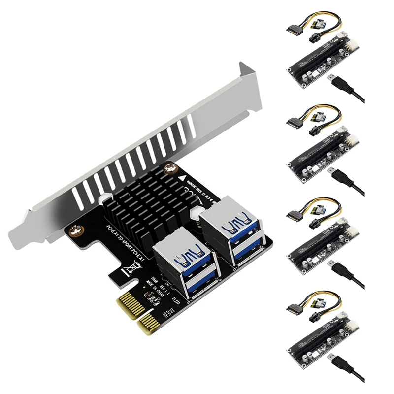 

PCI-E X1 to 4 Port USB3.0 Expansion Card PCI-E X16 Riser Card 6Pin Adapter for Graphics Card BTC Mining